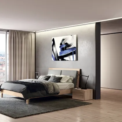 Letto in nobilitato Noce gold con testiera dotata di cuscini in tessuto imbottito Navona Soft di Febal Casa