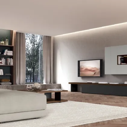 Parete Attrezzata con basi a terra in laccato opaco Grigio antracite e piano d’appoggio Linea in impiallacciato Eucalipto chiaro Quarantacinque 01 di Febal Casa