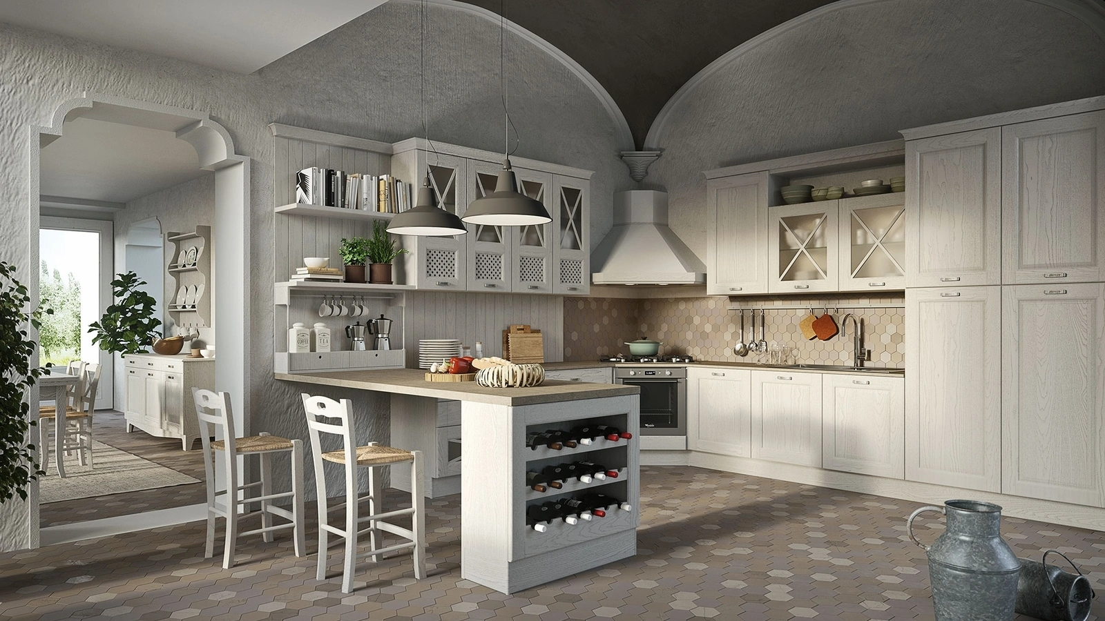 Cucina Classica con penisola Bellagio in Frassino Bianco di Aran