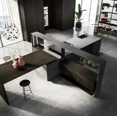 Cucina Design con isola Nautilia 05 in Fenix NTM grigio bromo e Rovere fumè di Arrital