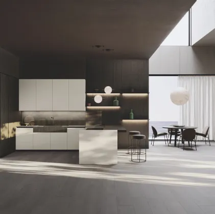 Cucina Design con penisola Bluna Tech Opaco in laccato e bilaminato legno Rovere di Binova