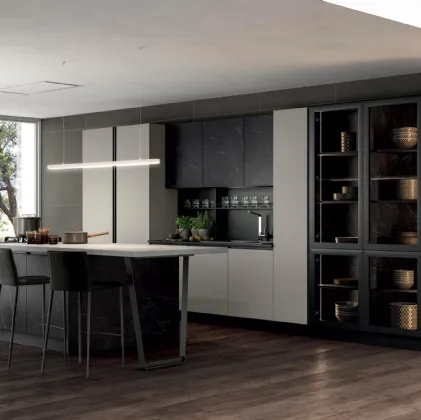 Cucina Moderna in laccato opaco con isola in nobilitato effetto pietra Aria 01 di Febal Casa