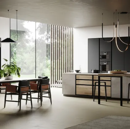 Cucina Moderna con isola Ménta in bilaminato Beton Giove, laminato PET Nero Onice e bilaminato Rovere di Miton