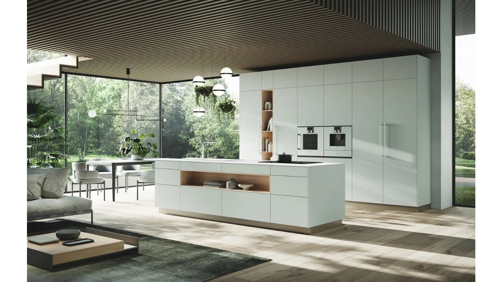 Cucina Moderna con isola Ménta in laminato PET opaco Bianco Nordico di Miton