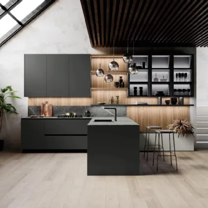 Cucina Moderna con penisola Ménta in bilaminato Grigio Medio di Miton