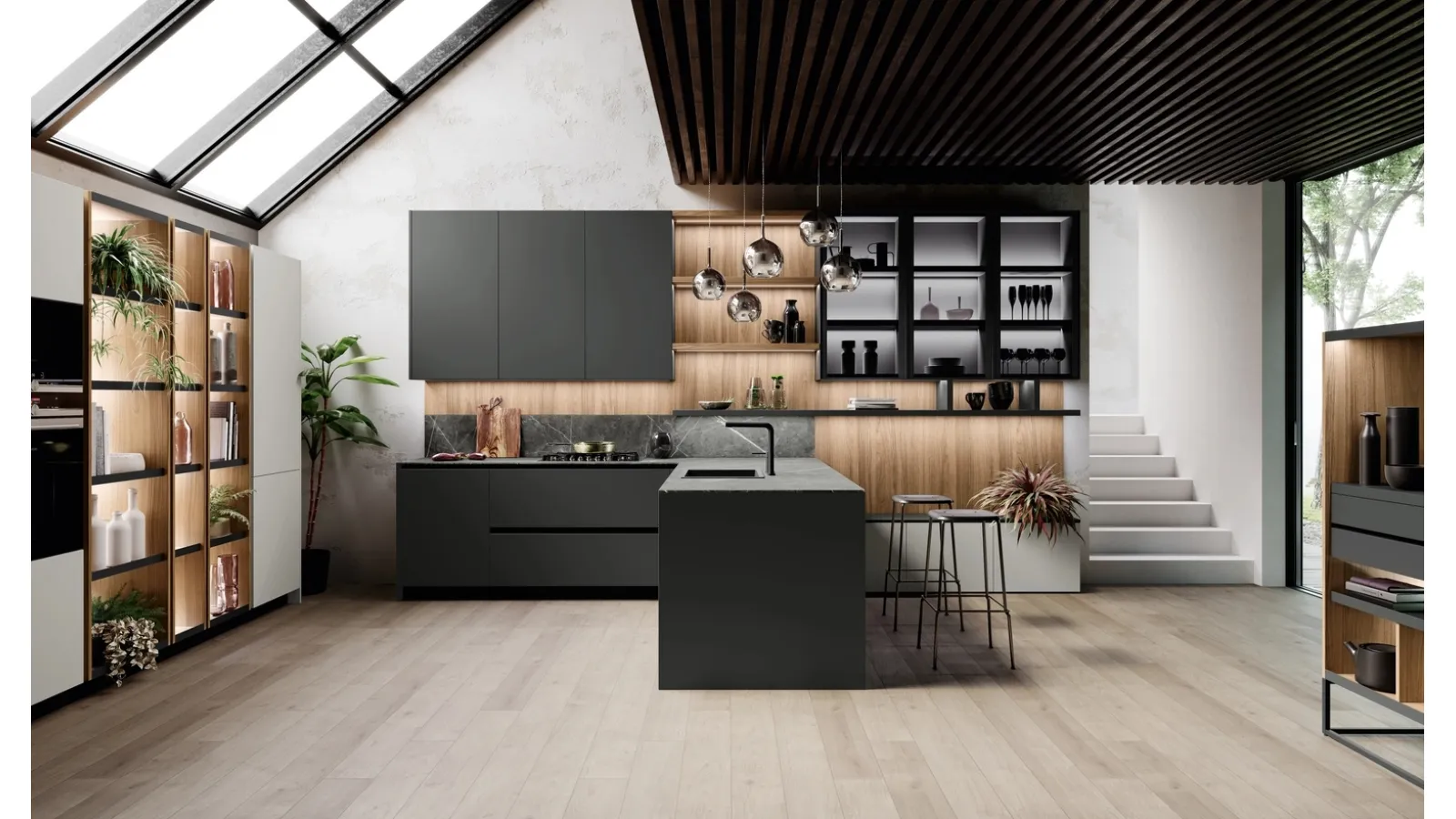 Cucina Moderna con penisola Ménta in bilaminato Grigio Medio di Miton