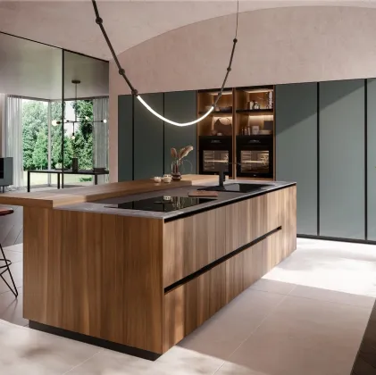 Cucina Moderna con isola Ménta in bilaminato Legno Noce Cordesco di Miton