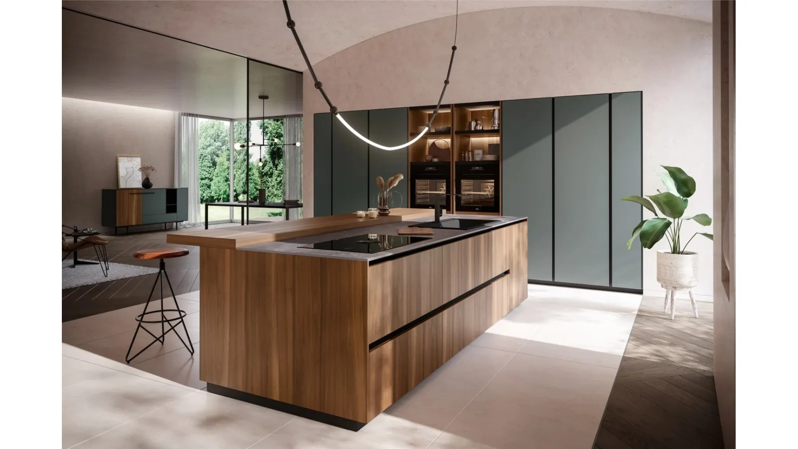 Cucina Moderna con isola Ménta in bilaminato Legno Noce Cordesco di Miton