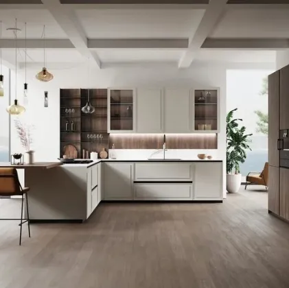 Cucina Moderna con penisola Tes in laccato Grigio Box e bilaminato legno di Miton