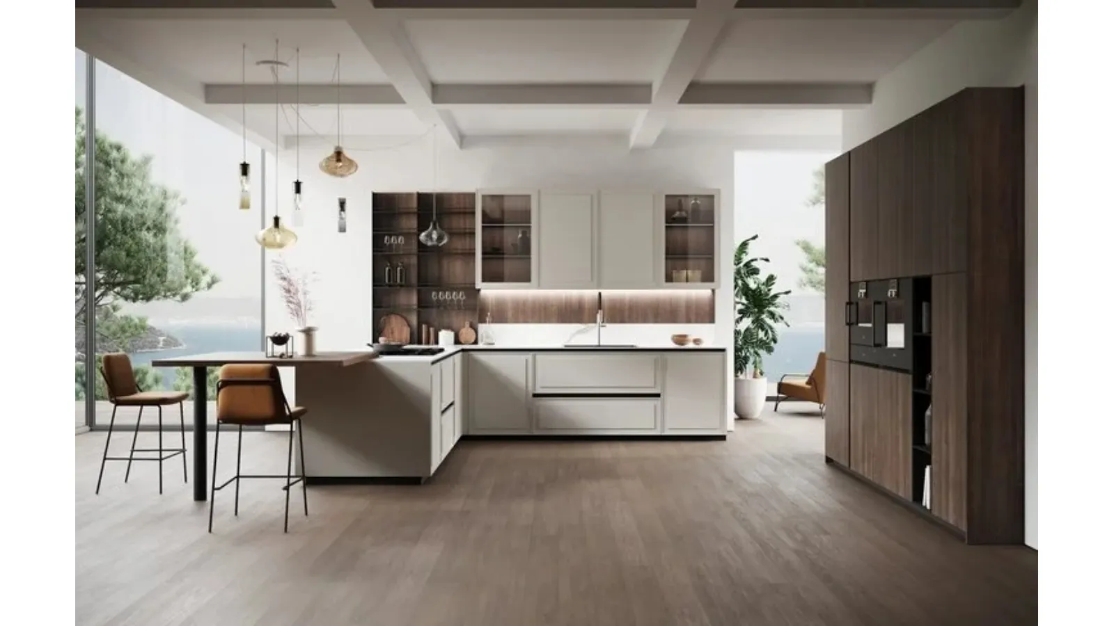 Cucina Moderna con penisola Tes in laccato Grigio Box e bilaminato legno di Miton