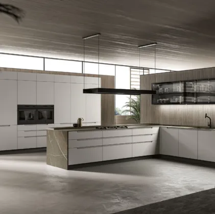 Cucina Moderna con penisola in laccato bianco opaco e top in HPL effetto marmo Traccia 01 di Febal Casa