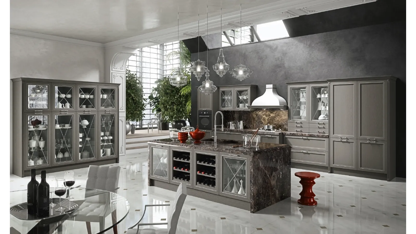 Cucina Shabby Chic con isola Magistra in Frassino laccato Titanio decapè con inserto argento di Aran
